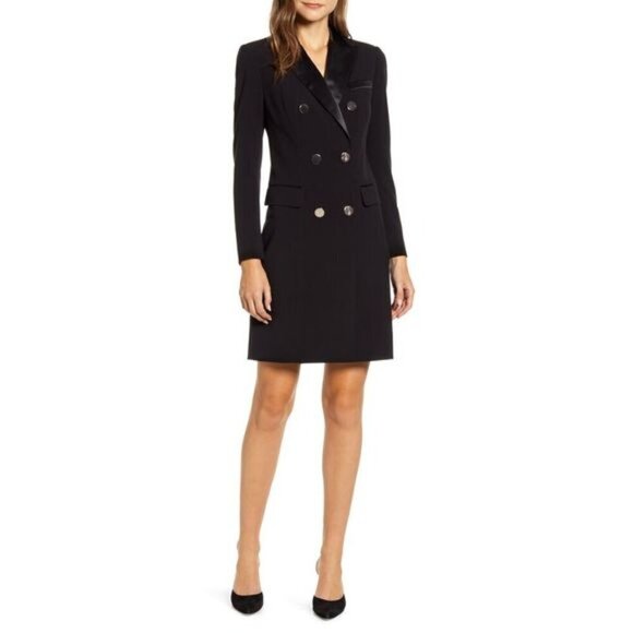 💕ANNE KLEIN💕 Double Breasted Tuxedo Blazer Dress ~ Black 12 - Picture 2 of 16